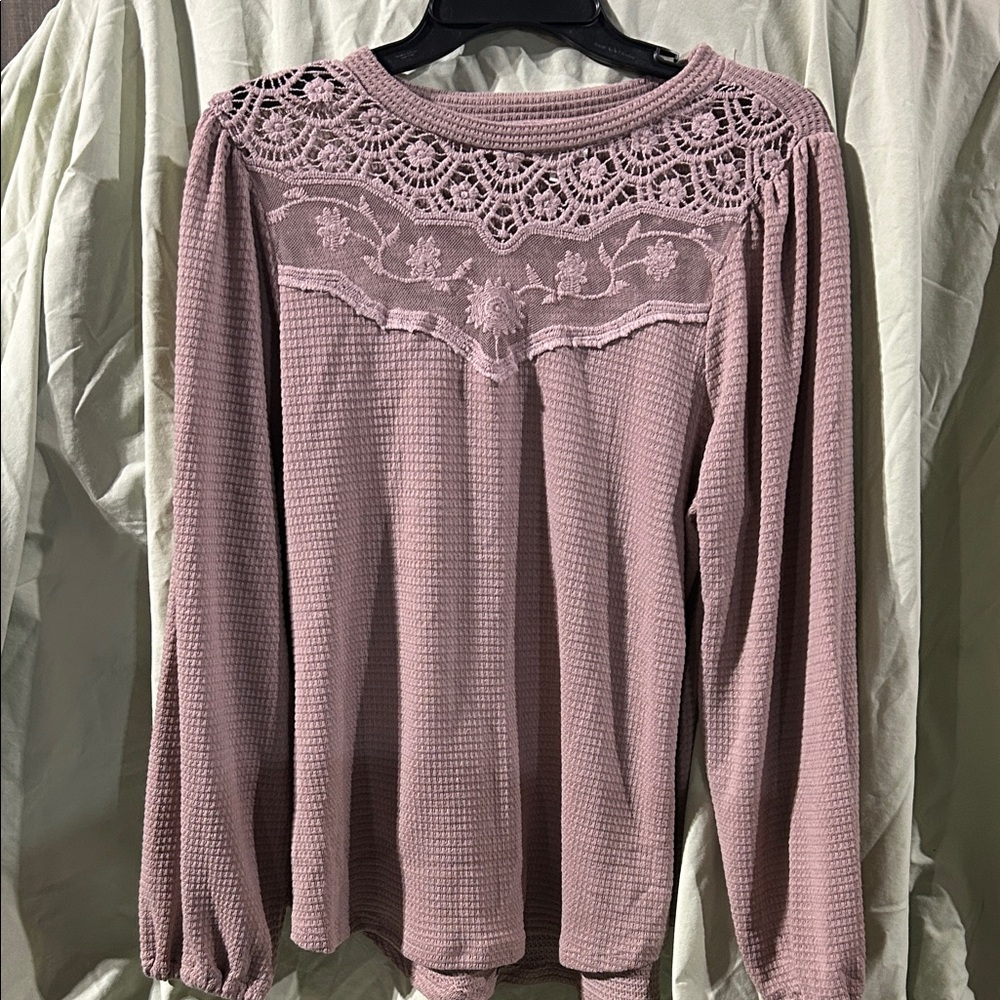 Maurices Waffle Knit Blouse with Lace in Mauve
